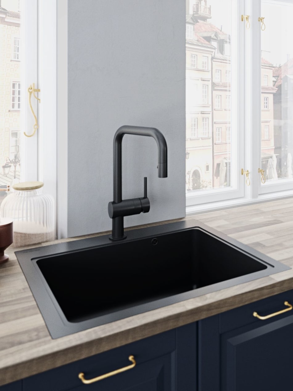 Navy kitchen cabinets, black sink, black faucet, wood countertop. Scandinavian Classic | HTH