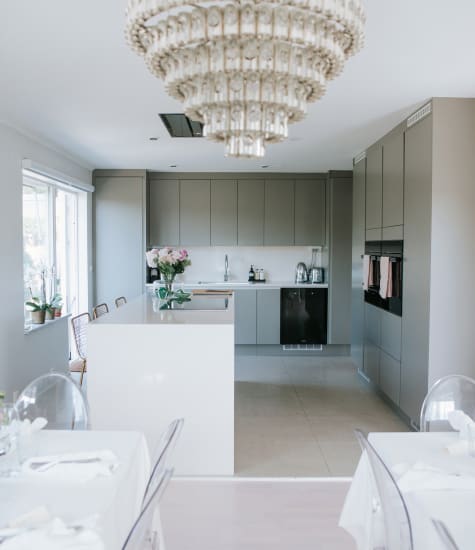 Gray kitchen cabinets with white kitchen island | HTH