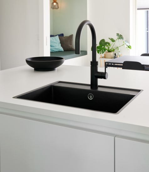 White kitchen island with black sink and faucet | HTH