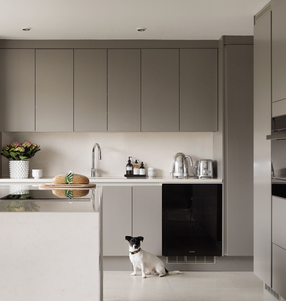 Gray kitchen cabinets with white countertop and kitchen island, small dog present | HTH