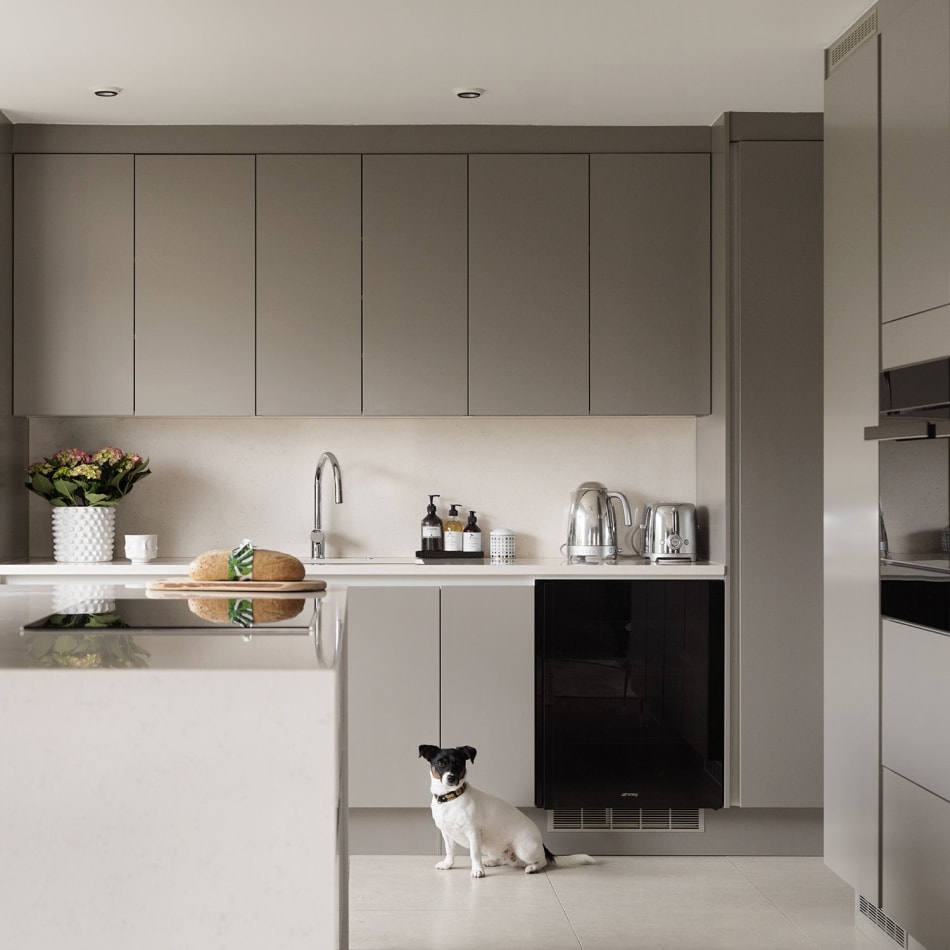 Gray kitchen cabinets with white countertop and kitchen island, small dog present | HTH