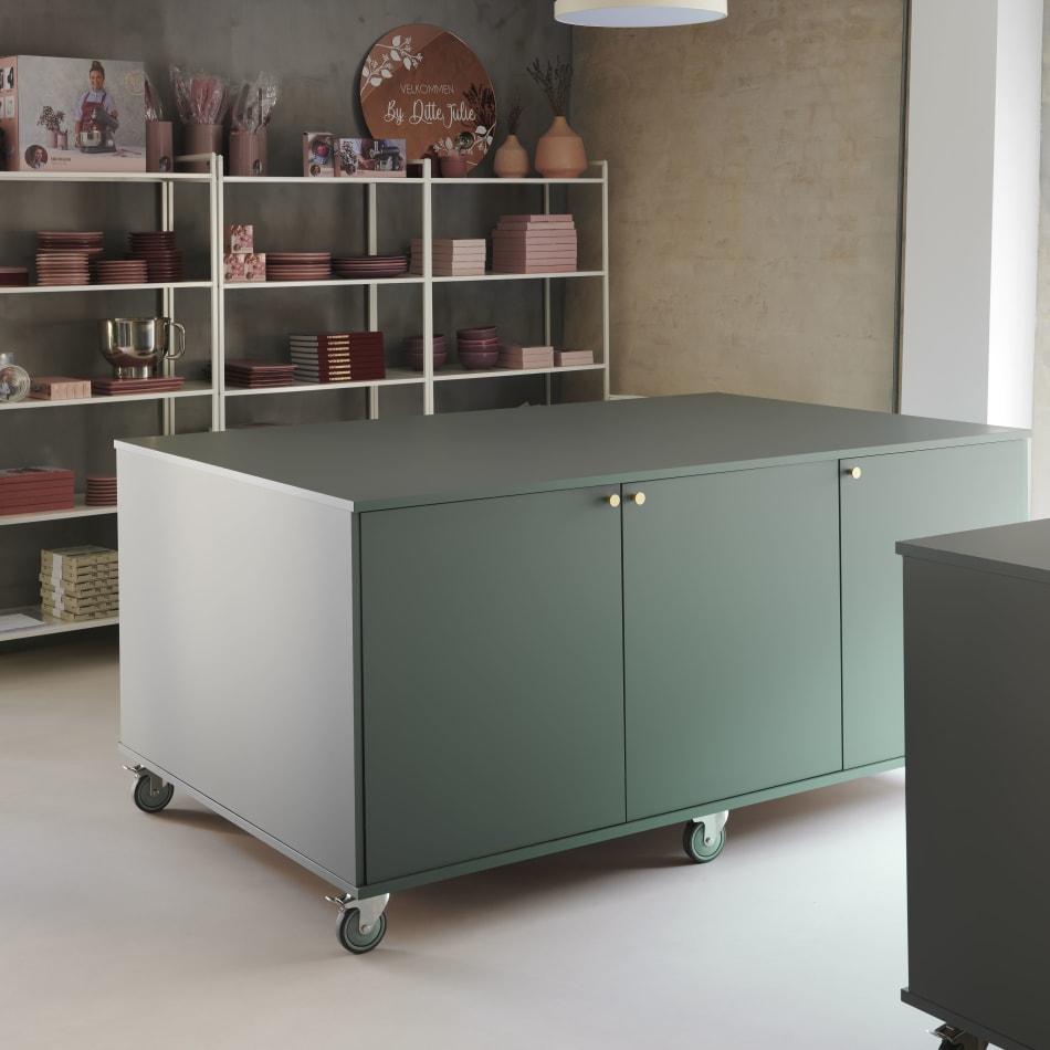 Green kitchen island with wheels and cabinets | HTH