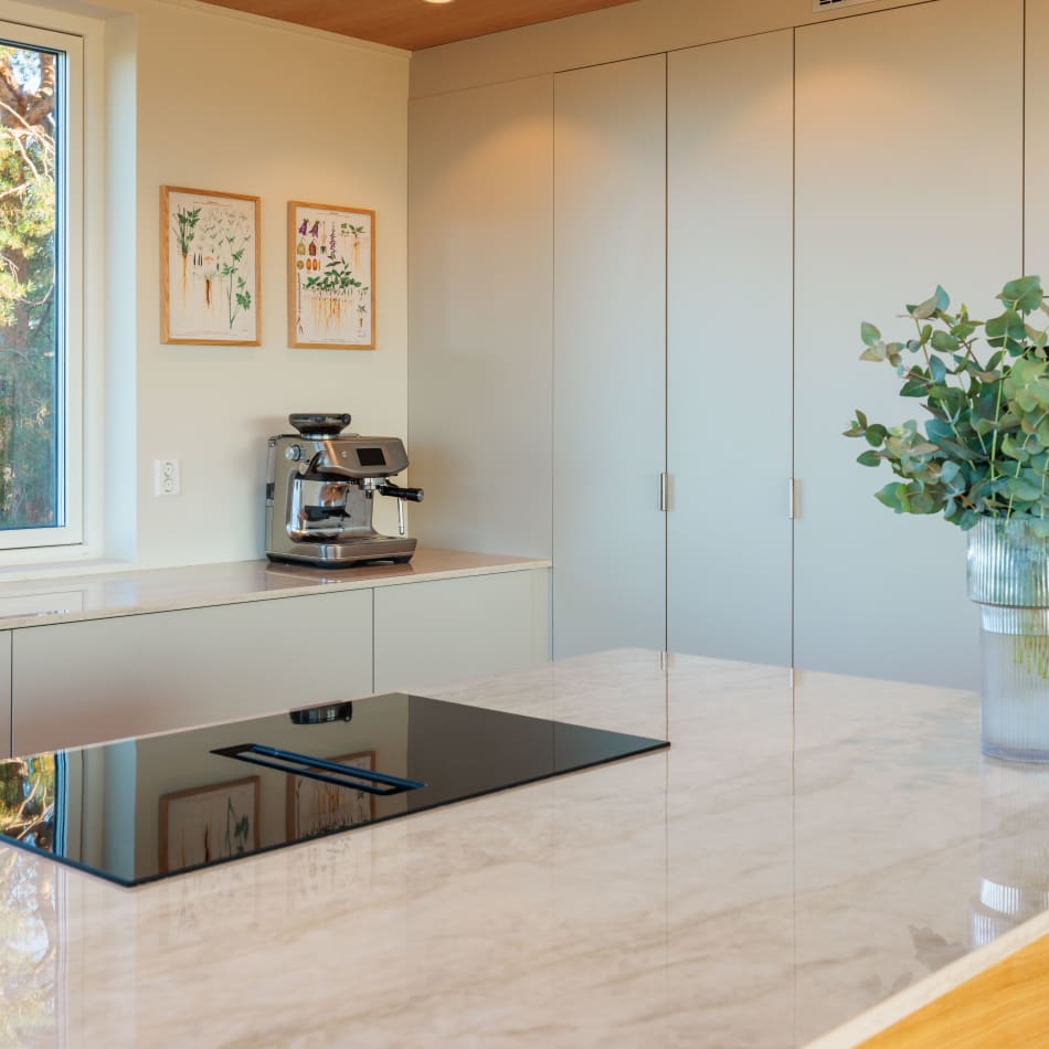 Beige kitchen cabinets with black cooktop and wood countertop. Green plant visible | HTH