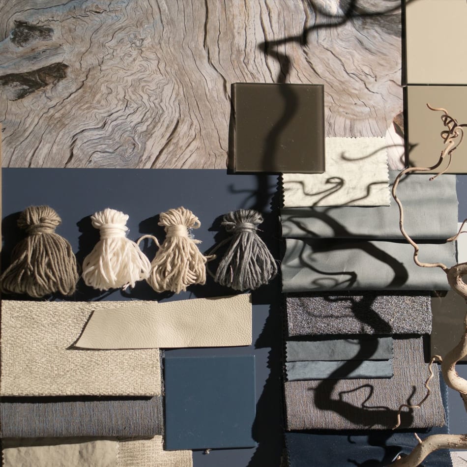 Wood textures and fabric samples in neutral tones for kitchen, bathroom, and wardrobe design | HTH