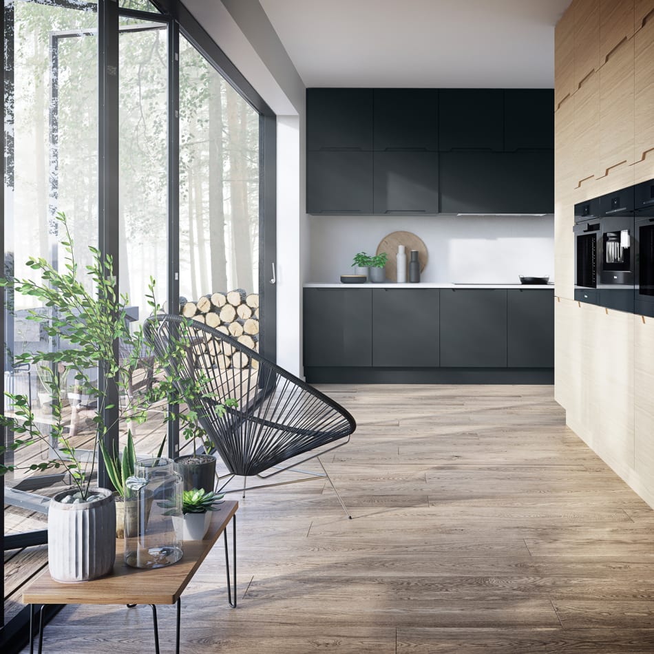 Dark gray kitchen cabinets and wood kitchen island with glass doors | HTH