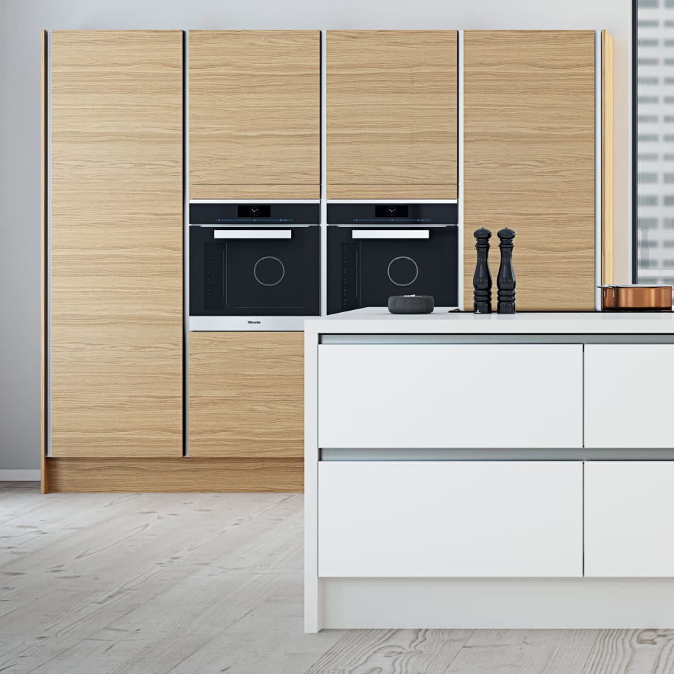Wood veneer cabinets with white kitchen island and black appliances. Focus Veneer | HTH