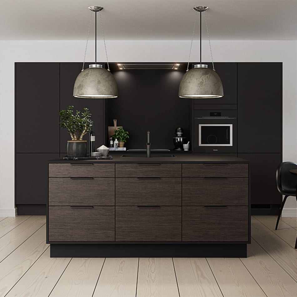 Dark kitchen with black cabinets and wood-textured kitchen island, light wood floor. Harmony Dark | HTH