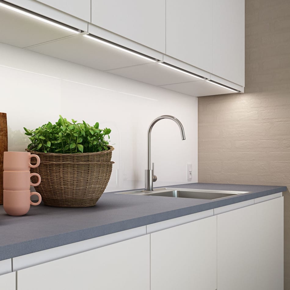 White kitchen cabinets with gray countertop and stainless steel faucet. Next | HTH