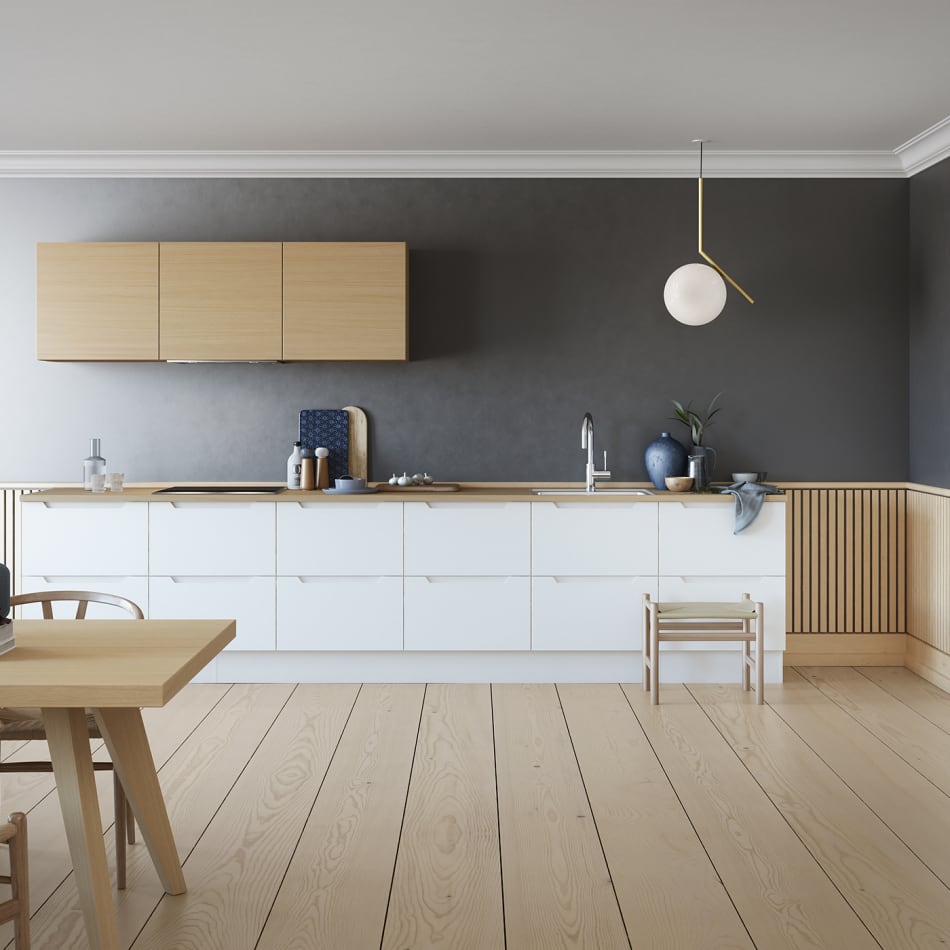 White kitchen with light wood cabinets and a gray wall. Tendens Kitchen | HTH