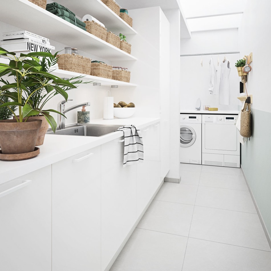 White high-gloss kitchen with white countertop and stainless steel sink. White High Gloss | HTH