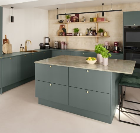 Green kitchen cabinets with island and wood shelves | HTH