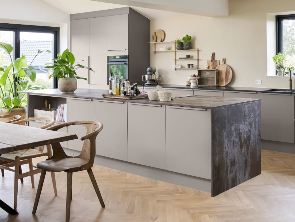 Contemporary kitchen showcasing gray cabinetry complemented by wooden accents, featuring HTH products | HTH