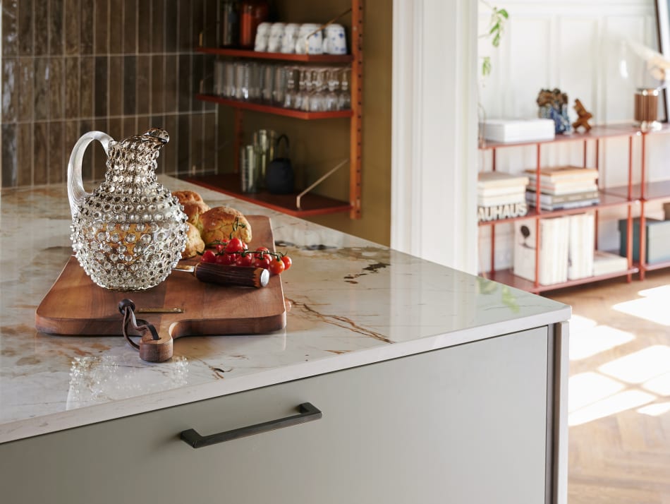HTH kitchen with light gray cabinets and wood kitchen island countertop | HTH