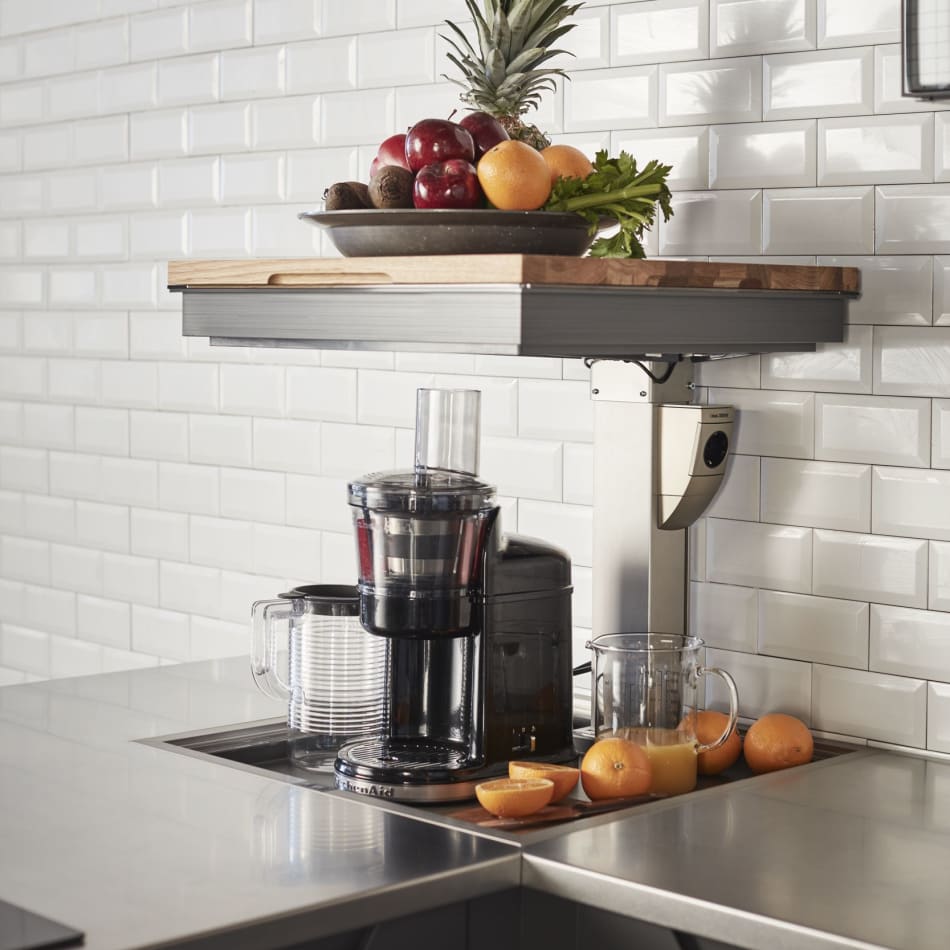 Kitchen with white tiles and wood countertop shelf, featuring HTH products | HTH