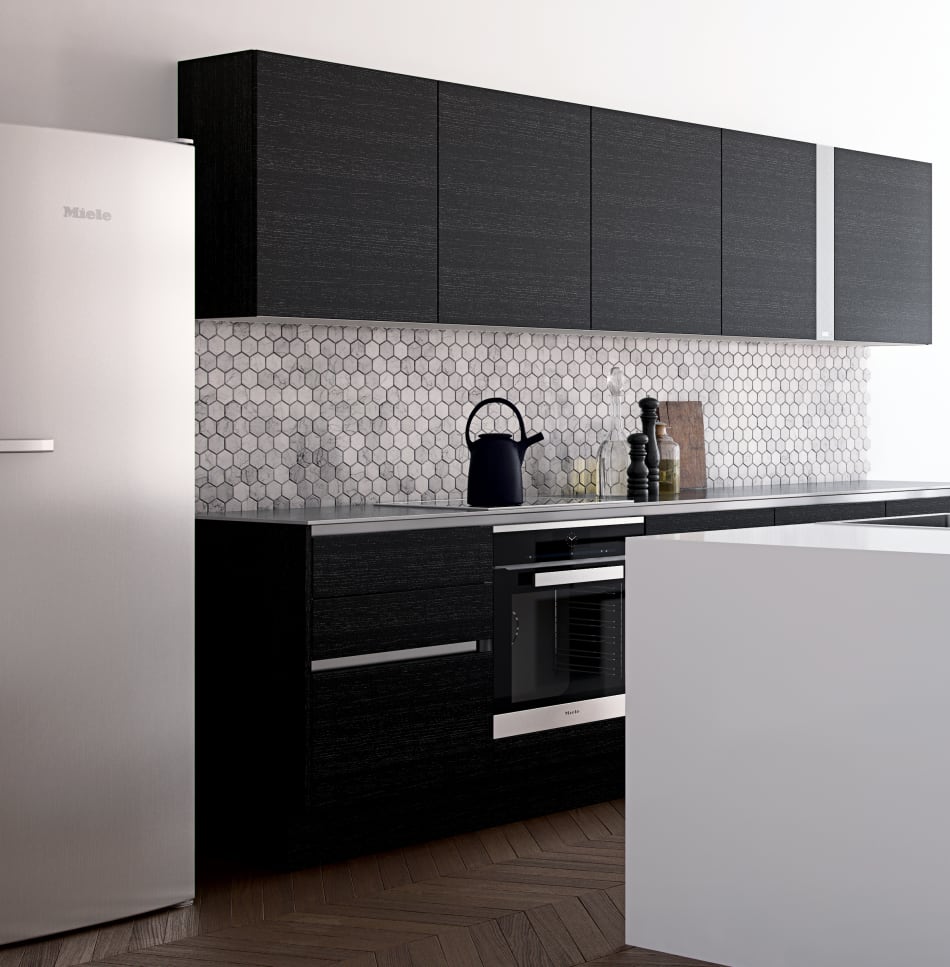 Black kitchen cabinets with hexagonal tile backsplash and stainless steel appliances. Focus Veneer | HTH