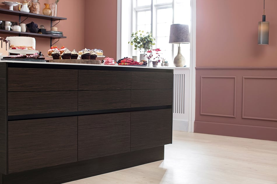 Dark wood kitchen cabinets with a light countertop. Harmony Dark | HTH