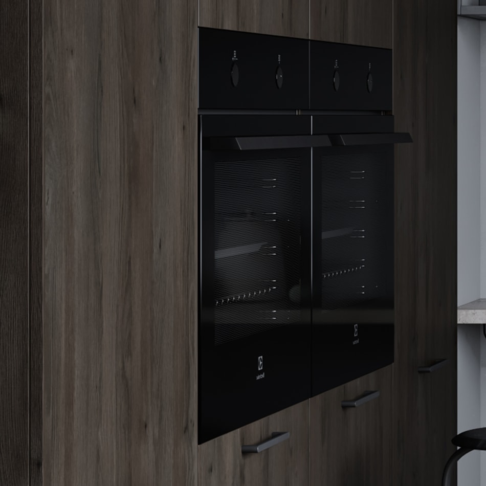 Dark wood kitchen cabinets with black double oven and metal handles. Mood | HTH