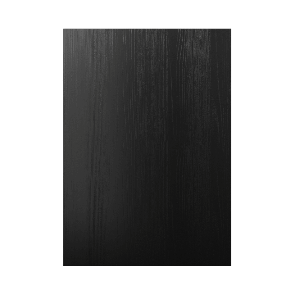 Black kitchen cabinet door with wood grain texture. One Kitchen | HTH