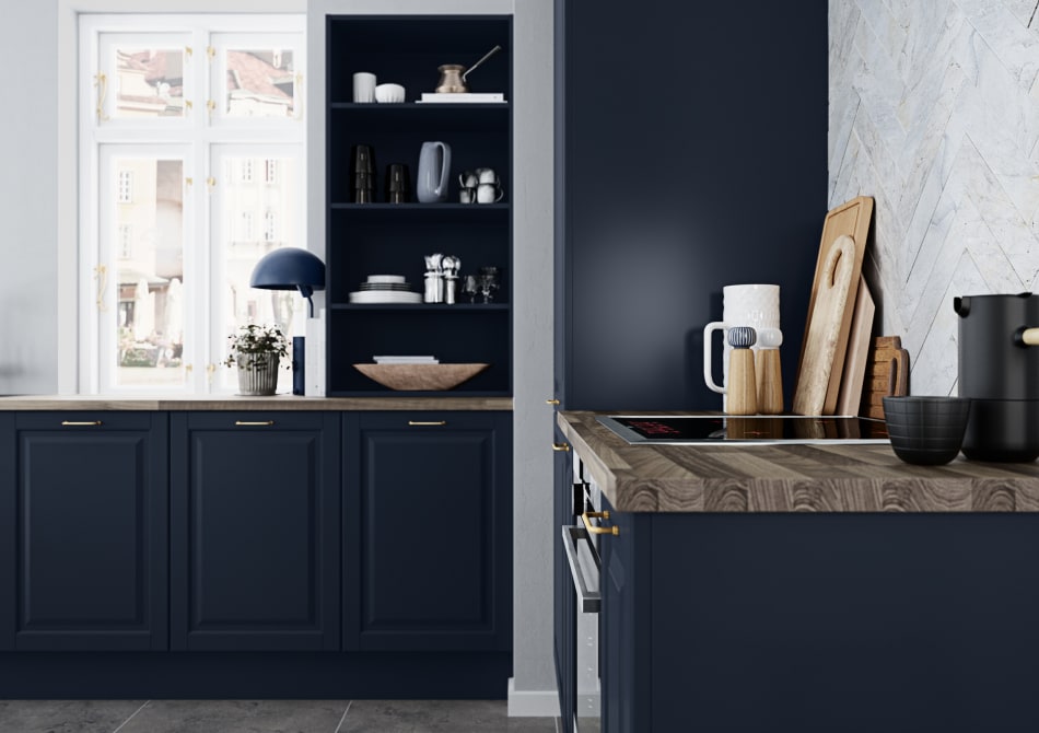 Navy blue kitchen cabinets with wood countertop and open shelving. Scandinavian Classic | HTH