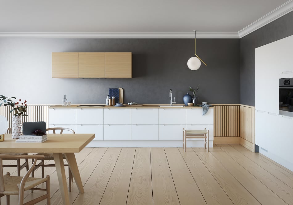 White kitchen with light wood cabinets and a gray wall. Tendens Kitchen | HTH